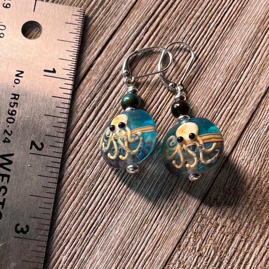 Octopus Earrings, Cephalopod Jewelry Gift, Octopi Lamp-worked Glass Earring, Cute Gift for the Sea Life Lover, Blue Art Glass