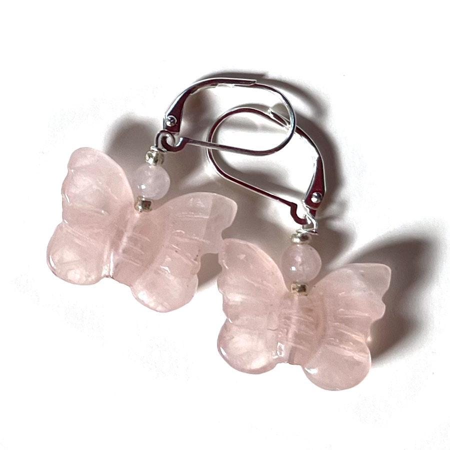 Butterfly earrings - carved shimmering white opalescent jewelry or Pink Rose Quartz option.  Meadow themed. free spirit nature lover gift