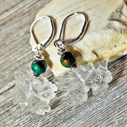 Close-up of Dragon Earrings - Stunning Clear Quartz Stone Earrings showcasing intricate carvings and color-changing features, an ideal gift for dragon jewelry enthusiasts.