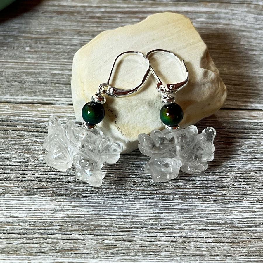 Dragon Earrings - Carved Clear Quartz Stone Earrings, Magic Color Changing Fantasy Earrings, Gamer Gift, Zen Aesthetic, dragon jewelry gift