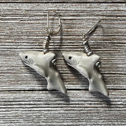 SHARK EARRINGS - Painted Fish, Cute Grinning Shark Jewelry, Lever Back Earrings, Fish Lover Women's Jewelry Gift, celebrate shark week, Fins