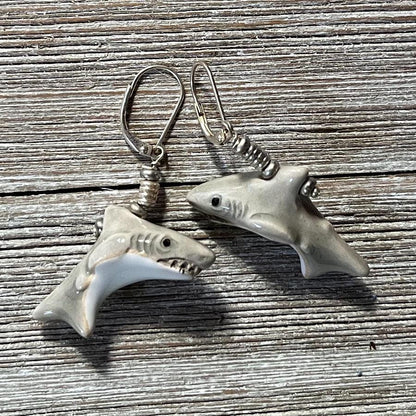 SHARK EARRINGS - Cute grinning shark design on ceramic, perfect for fish lovers and a great gift.