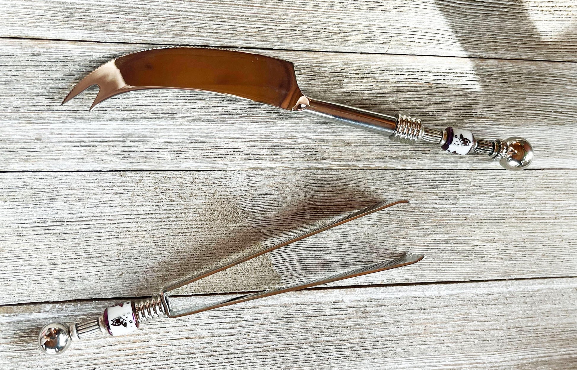 The Butterfly Beaded Cheese Server Set, Party Charcuterie Tools features a decorative cheese knife and tongs—an elegant addition to your charcuterie serving set or cheese board accessories.