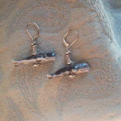 Sperm Whale Earrings - Beautifully designed exotic animal earrings showcasing hand painted sperm whales with sterling silver ear wires.