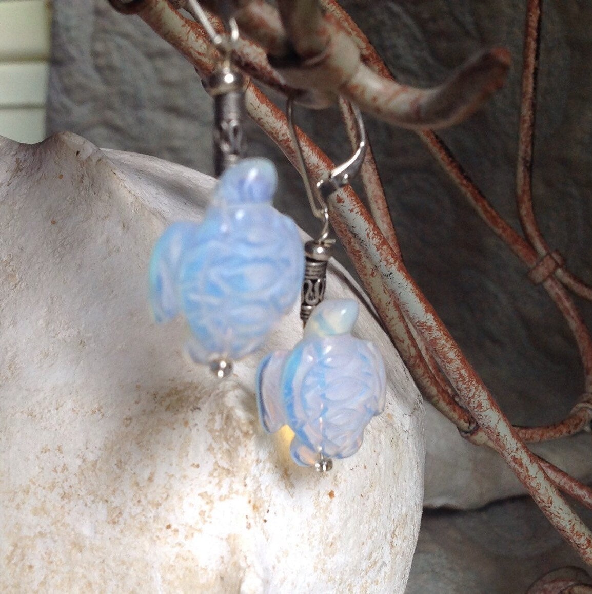 Sea Turtle Earrings, Turtle Jewelry, Moonstone or Sodalite Carved Stone Animal Earring, Gift for Sea Turtle Lover