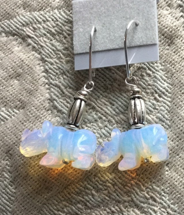 White Rhino Earrings -  Exotic and Rare Rhinoceros Jewelry -  Opalescent Stone, gift for endangered animal supporter, wildlife Africa Safari