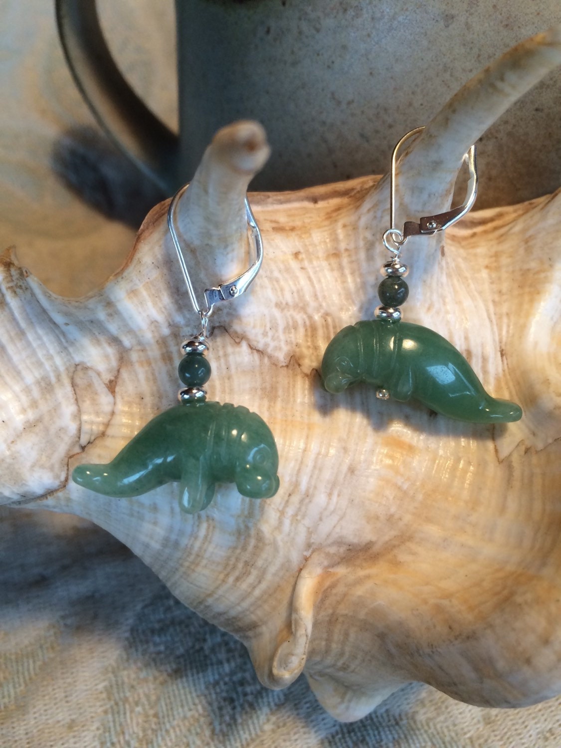 Aventurine Carved Stone Manatee Jewelry, Green Drop Earrings Manatee Earrings.  Gift for Animal Lovers Sea Life Ocean Theme Florida Wildlife