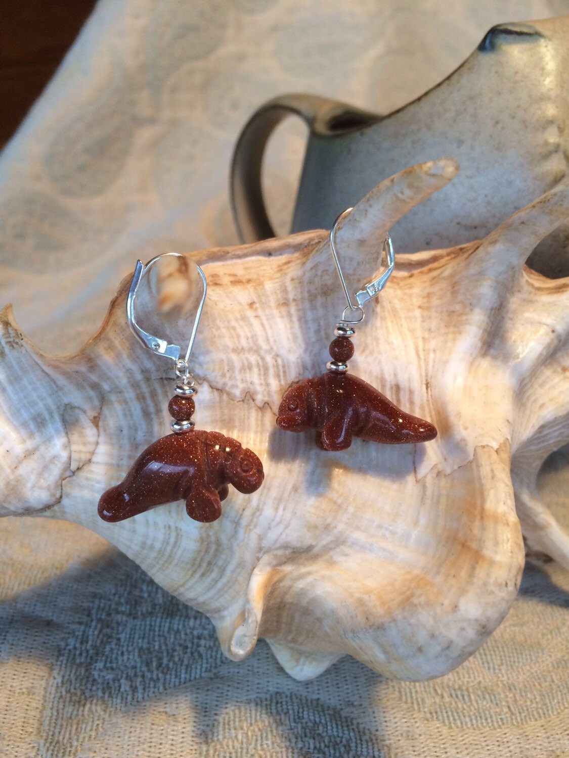 Manatee Earrings - artisan-made jewelry, sparkly carved animals, goldstone in blue and orange, Gift for Beach Sea Life Lover, rare jewelry