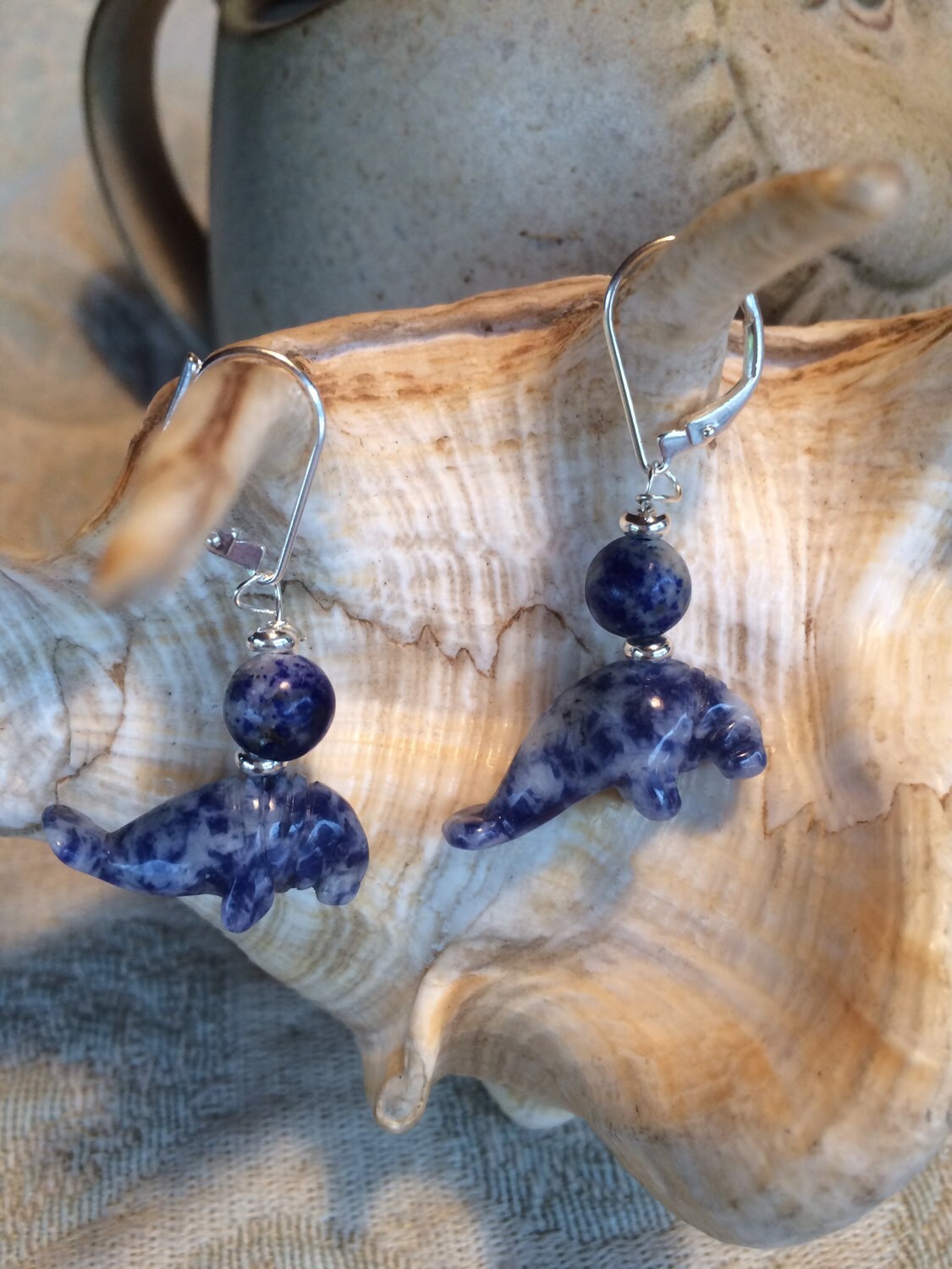 Manatee Earrings - Blue sodalite Earlobe Earrings - Carved Stone Animal Jewelry, Beach Lover Jewelry - LeverBack Earrings - Cute Animal gift