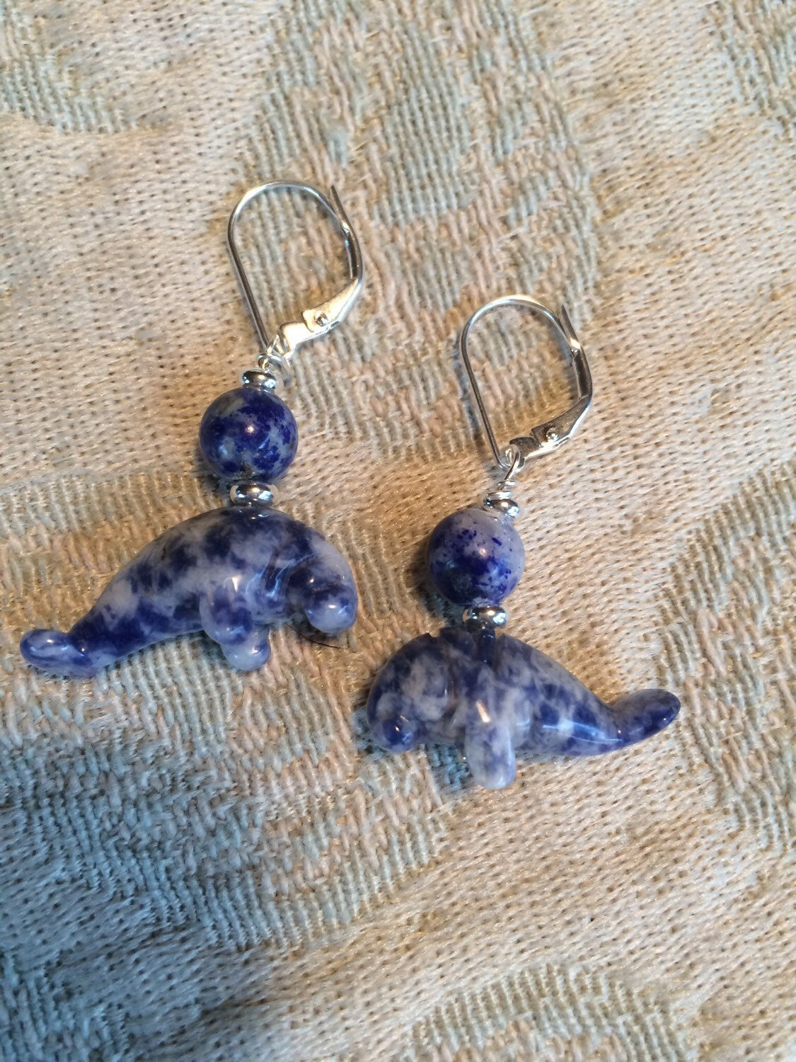 Manatee Earrings - Blue sodalite Earlobe Earrings - Carved Stone Animal Jewelry, Beach Lover Jewelry - LeverBack Earrings - Cute Animal gift