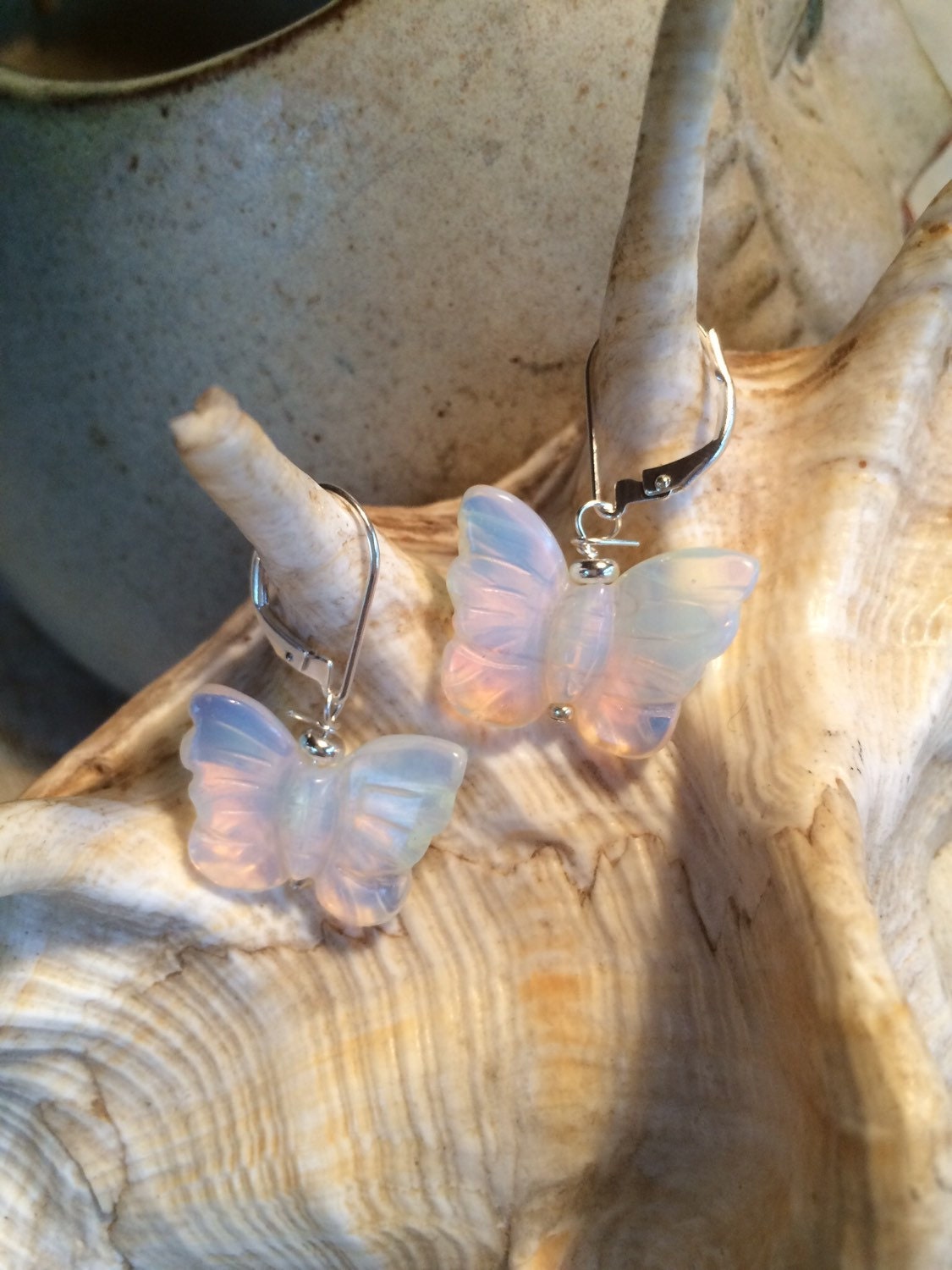 Butterfly earrings - carved shimmering white opalescent jewelry or Pink Rose Quartz option.  Meadow themed. free spirit nature lover gift