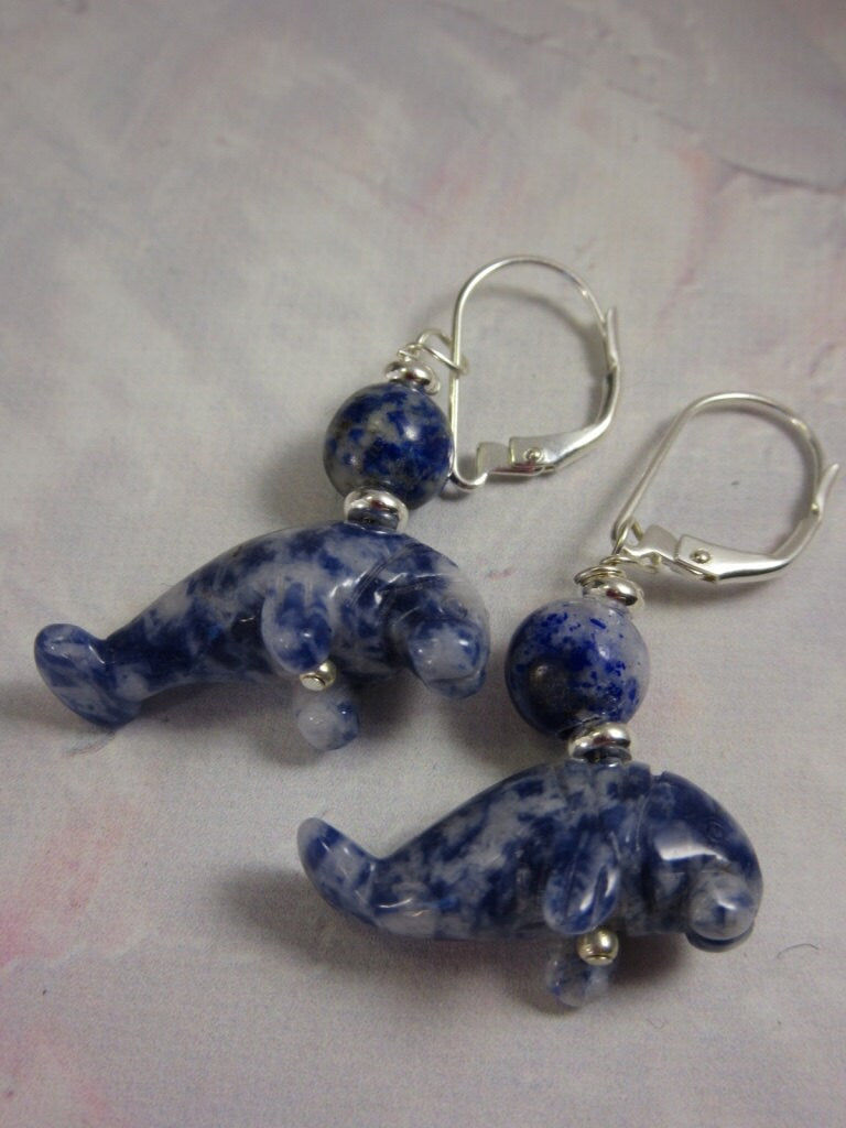 Manatee Earrings - Blue sodalite Earlobe Earrings - Carved Stone Animal Jewelry, Beach Lover Jewelry - LeverBack Earrings - Cute Animal gift