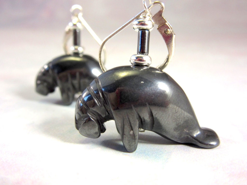 Manatee Earrings - Animal Earring, Artisan Jewelry, carved hematite black stone, lever-back earrings, dangle, sea life animal jewelry gift