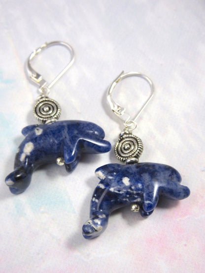 Dolphin Earrings in blue sodalite - handcrafted fun jewelry featuring natural sodalite stone, representing harmony and protection.