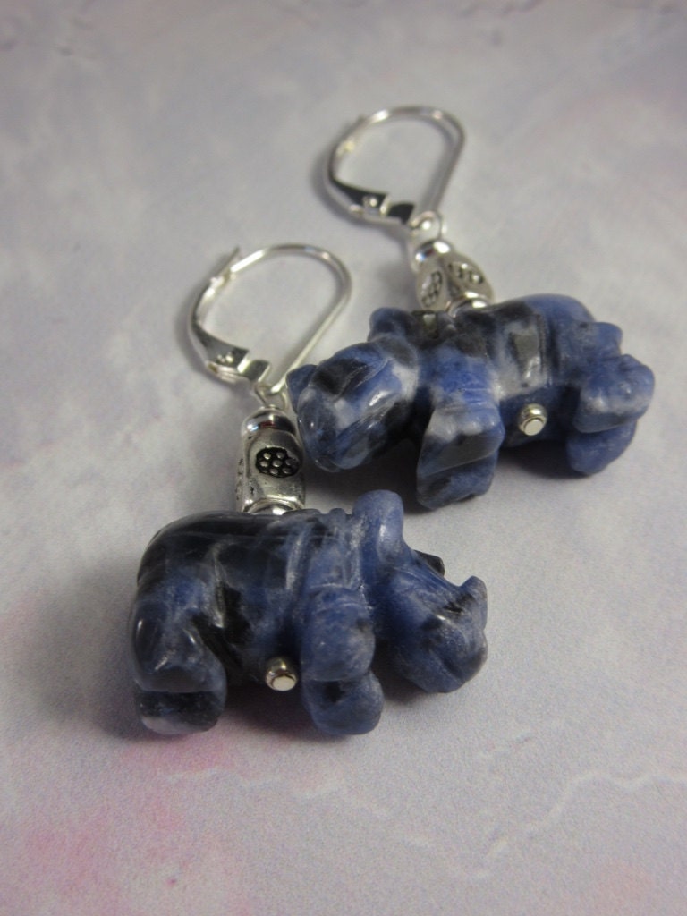 Rhinoceros earrings in blue stone sodalite  -rhino jewelry, sterling silver ear wires, blue stone, stone for honesty, carved animal gift