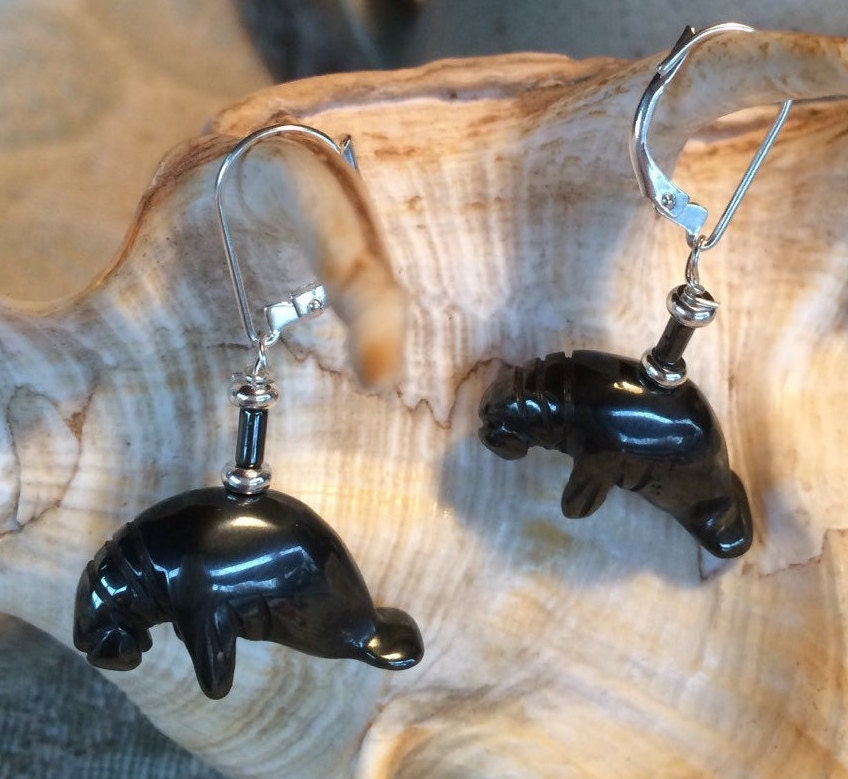 Manatee Earrings - Animal Earring, Artisan Jewelry, carved hematite black stone, lever-back earrings, dangle, sea life animal jewelry gift