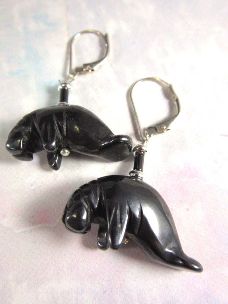 Manatee Earrings - Animal Earring, Artisan Jewelry, carved hematite black stone, lever-back earrings, dangle, sea life animal jewelry gift