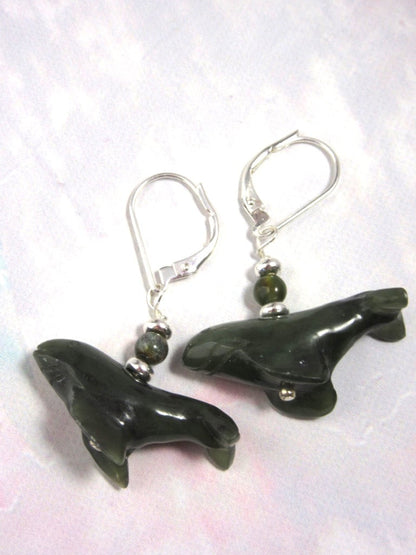 Artistic design of Humpback whale animal earrings, crafted from nephrite stone.