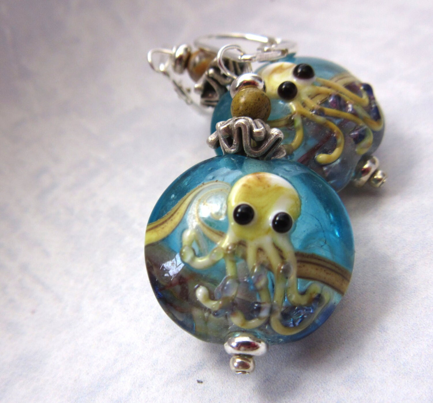 Octopus Earrings, Cephalopod Jewelry Gift, Octopi Lamp-worked Glass Earring, Cute Gift for the Sea Life Lover, Blue Art Glass