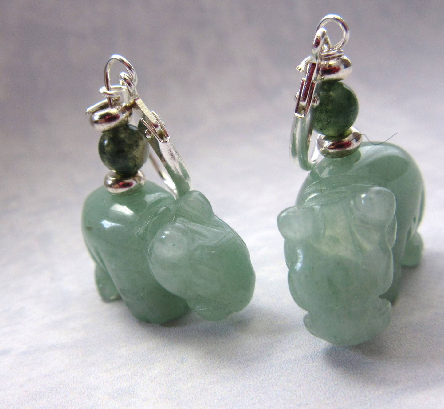 Hippopotamus Jewelry - hippo earrings, green aventurine carved stone, adventuring hippo earrings, carved animal earring for the zoo keeper