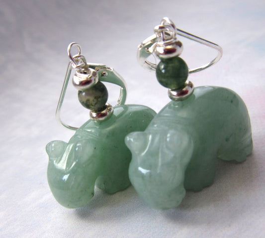 Hippopotamus Jewelry - hippo earrings, green aventurine carved stone, adventuring hippo earrings, carved animal earring for the zoo keeper