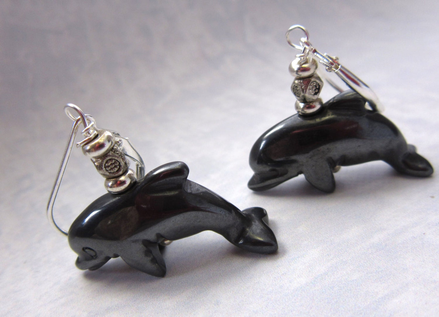 Dolphin Earrings Carved Black Hematite - Dolphin Lover Gift Shiny and cute, A gift to give on porpoise. For Zoologist and Animal Trainer