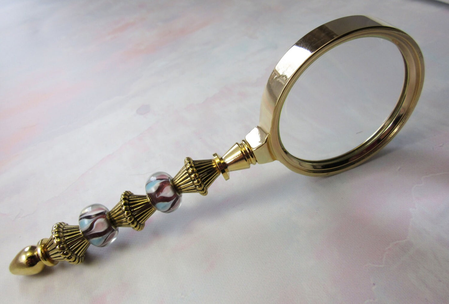 Gold Beaded Magnifier Glass - For Grandma or Mother, Hand-Held Magnifier, Magnifying Art Glass, Golden Elegant Pastel Beads Magnify Style