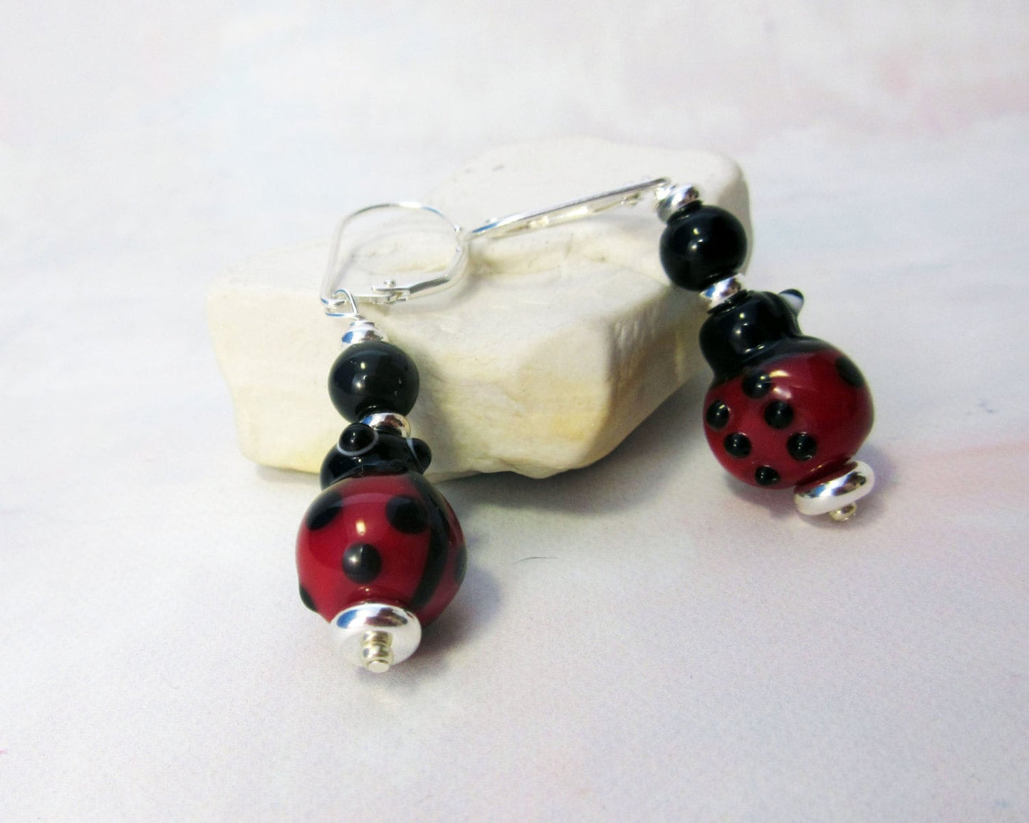 Ladybug earrings of Lampworked Glass, Cute Bug Jewelry, Lady beetle Jewelry, Fun Earrings, Insect Jewelry, Gift for Gardeners and Good Luck