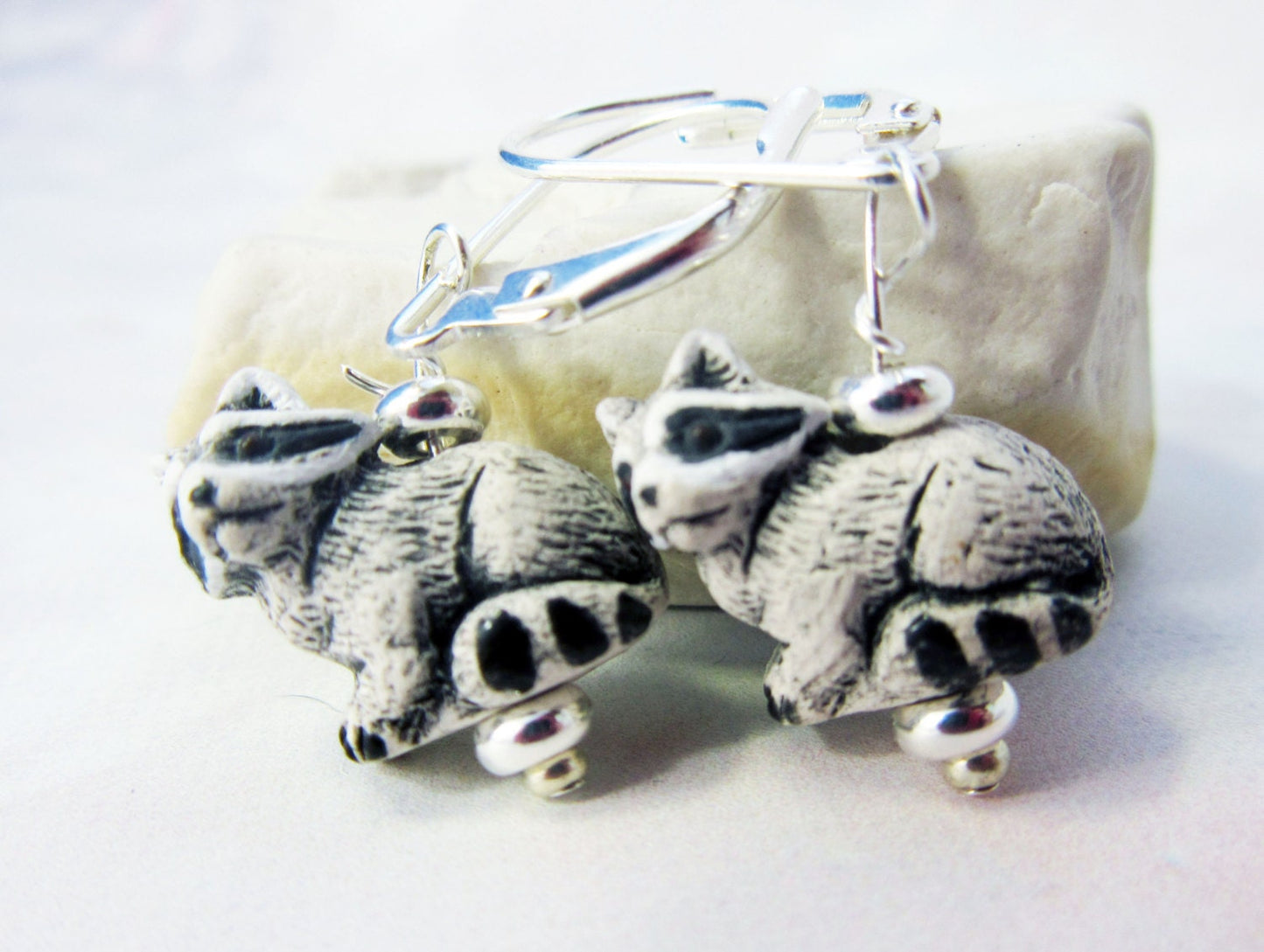 RACCOON EARRINGS - hematite stone, Woodland Animal, nature lover boho earrings, hand painted drop earrings, cute animal jewelry racoon