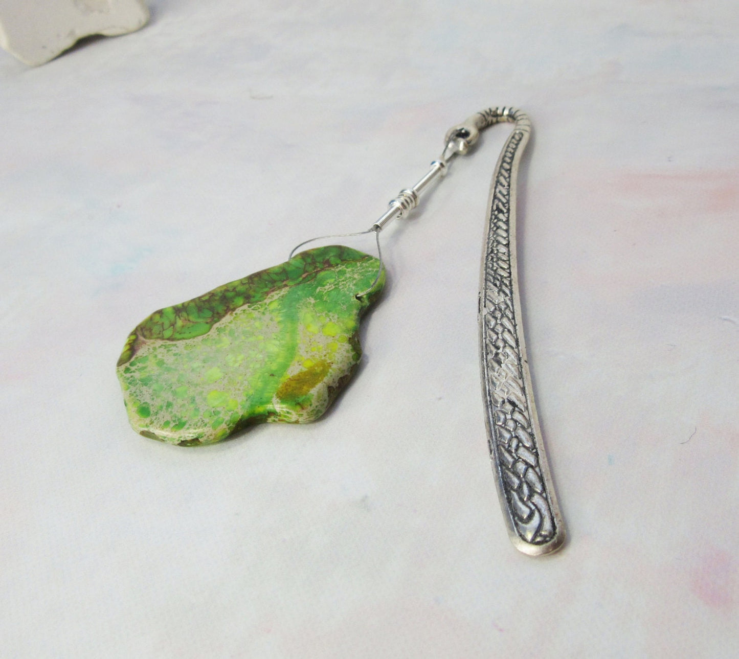 Decorative Green Impression Jasper Metal Bookmark - stone and metal book gift - book readers fun gift - aqua terra slab dangle zen style