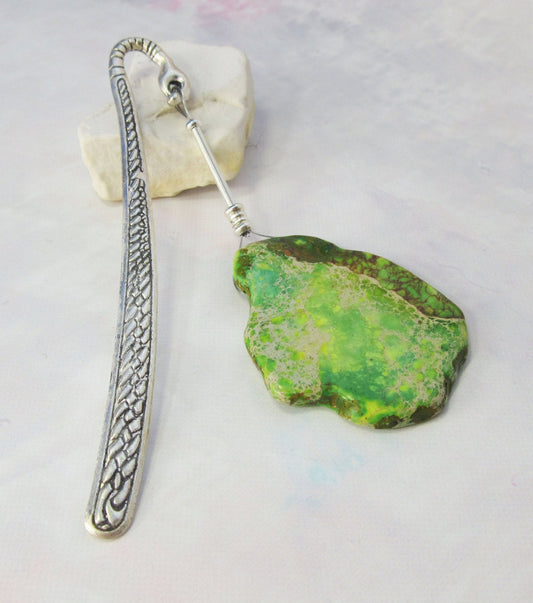 Decorative Green Impression Jasper Metal Bookmark - stone and metal book gift - book readers fun gift - aqua terra slab dangle zen style