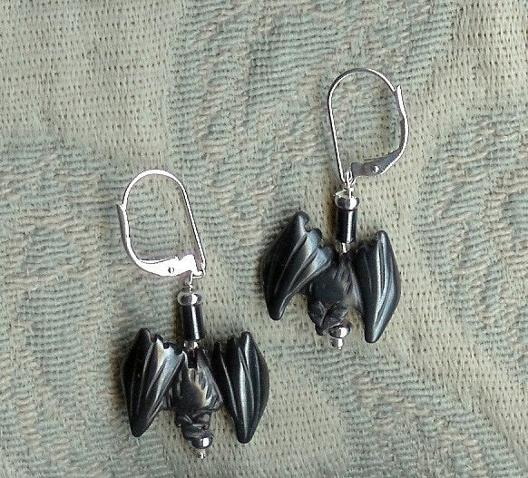 Bat Earrings of black stone  - Halloween Jewelry, Hematite Earrings, Animal Themed Gift, Bat Jewelry, Creepy Earrings, Scary Spooky Gift