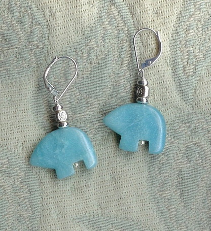 Sky Blue Bear Earrings showcasing unique Zuni style amazonite design with blue stone and bead accents, ideal for animal lovers and jewelry enthusiasts.