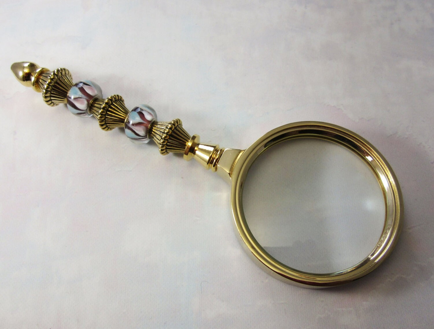 Gold Beaded Magnifier Glass - For Grandma or Mother, Hand-Held Magnifier, Magnifying Art Glass, Golden Elegant Pastel Beads Magnify Style