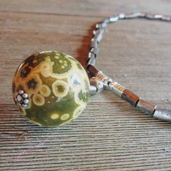 Ocean Jasper Atlantis Stone Orb Pendant Necklace - Artisan Made Minimalist Design