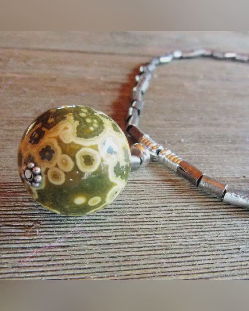 Ocean Jasper Atlantis Stone Orb Pendant Necklace - Artisan Made Minimalist Design