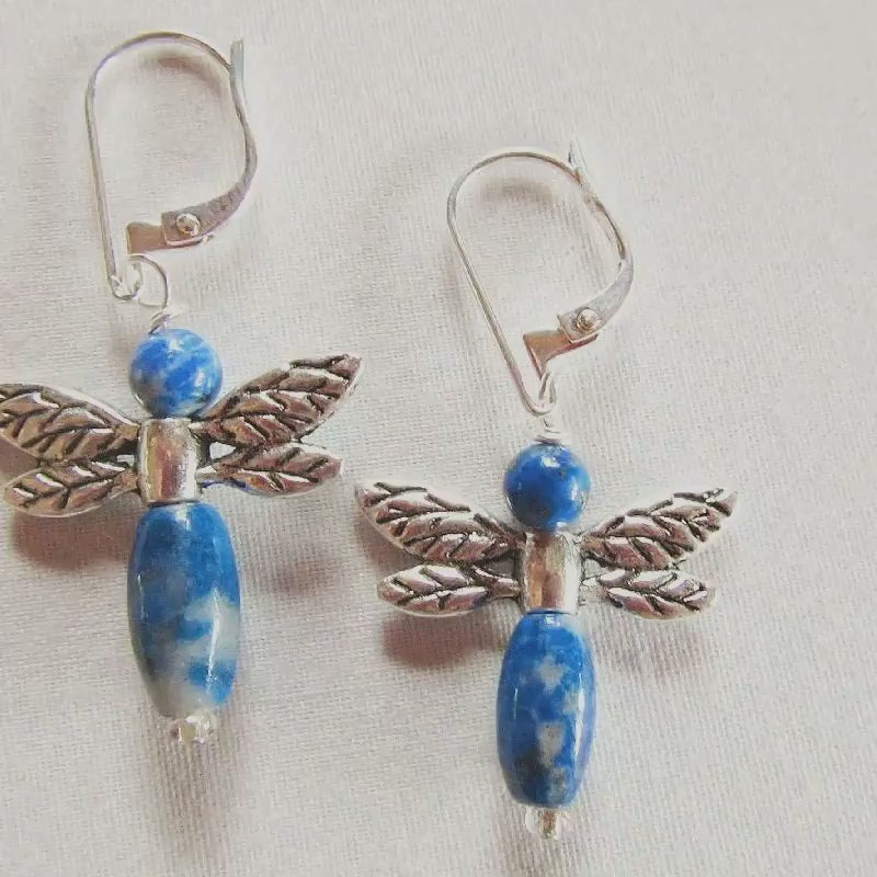 Dragonfly earrings - animal earrings - sodalite jewelry - blue dragonflies jewelry - carved stone earrings - woodland jewelry