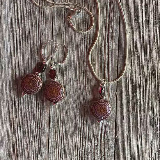 GARNET JEWELRY SET - Mandala and Garnet color change earrings and necklace, mood bead jewelry, zen style, yoga jewelry