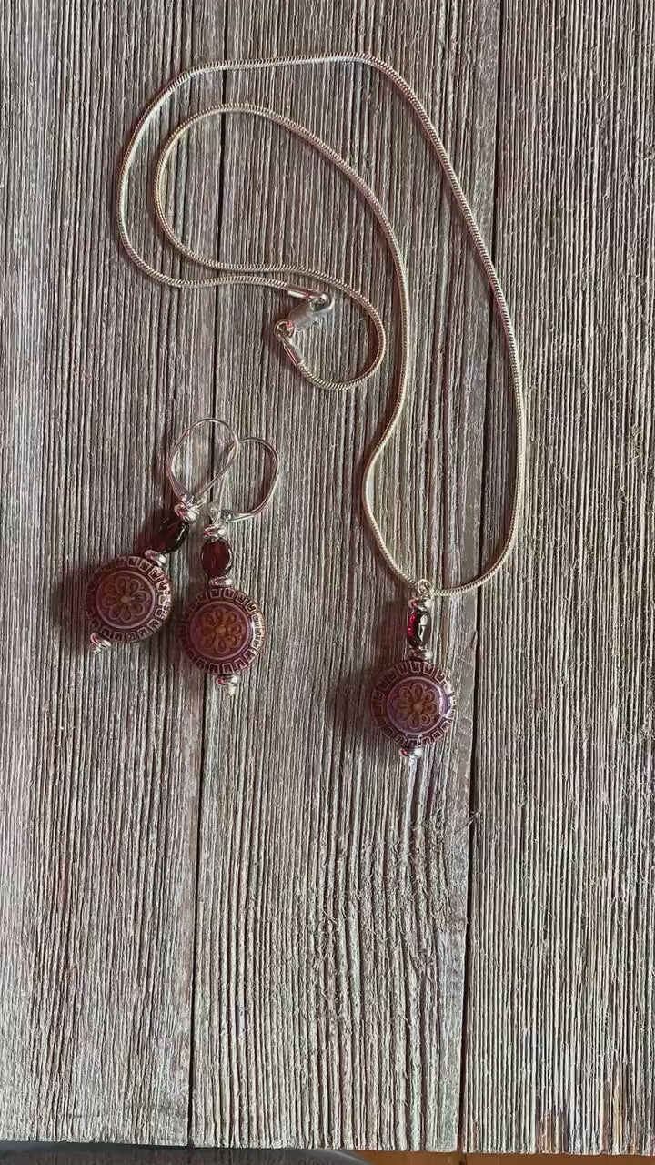 GARNET JEWELRY SET - Mandala and Garnet color change earrings and necklace, mood bead jewelry, zen style, yoga jewelry