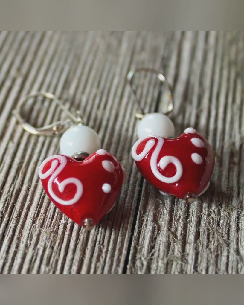 Heart Earrings - Tell her she has your heart, glass heart earrings, pink, red, white lampwork dangle jewelry for your love