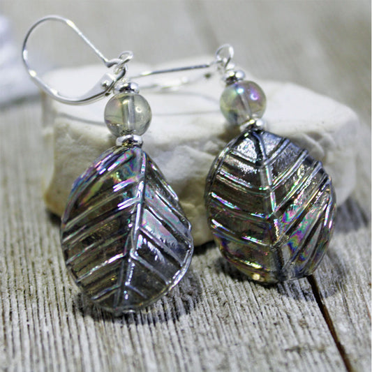 Silver Leaf Earrings in AB glass - Gift for the nature lover who is also elegant!